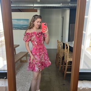 Vibrant Pink Floral Off-Shoulder Mini Dress